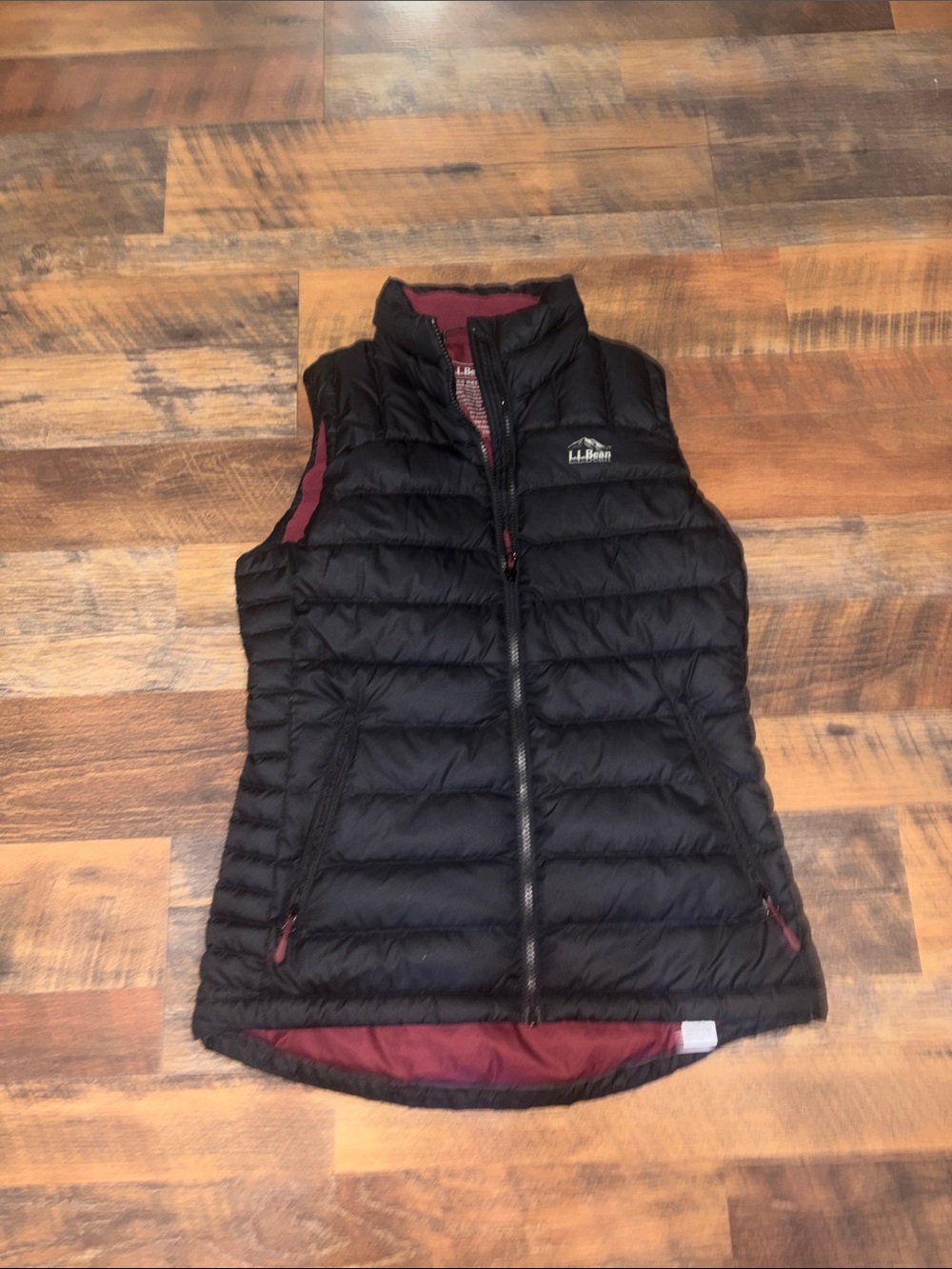 L.L. Bean Women's Black Quilted Puffer Vest with Burgundy Trim